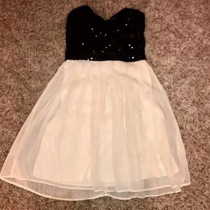 Strapless black sequin dress/cream chiffon bottom